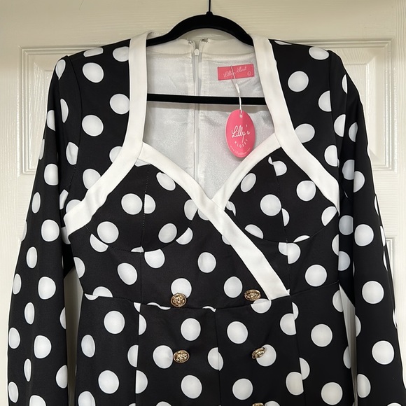 Black and white polka dot romper with gold buttons - Picture 2 of 4